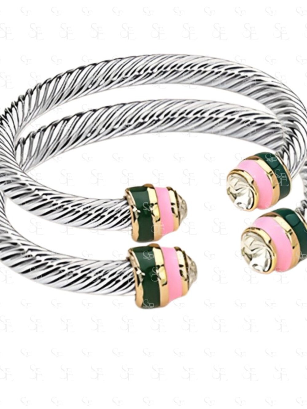 Set of 2 AKA Pink Green Twisted Cuff Bracelet Pearl Accent